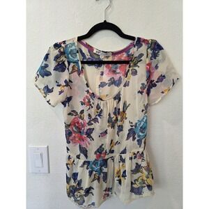 Jolt Blouse Sz S Cream Floral Scoop Neck Short Slv Peplum Fairy Cottage Coquette
